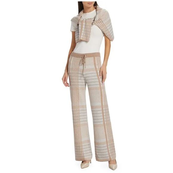Elie Tahari XS Knit Lounge Pants Neutral Birdseye Plaid Wide Leg Soft Comfy Chic - Picture 11 of 11